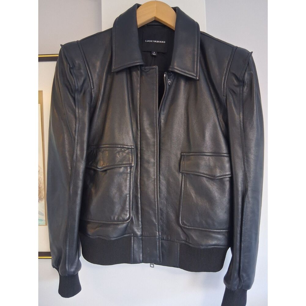 Lucky Brand Black Leather Bomber Jacket Women’s Size Small S Full Zip VTG look